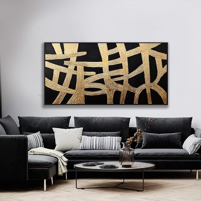 Abstract Canvas Wall Art Modern Artwork Canvas Prints Framed Canvas Picture Contemporary Wall Art Black And Gold Lines Texture Artwork Bedroom Living Room Office Decoration Ready To Hang 24x48