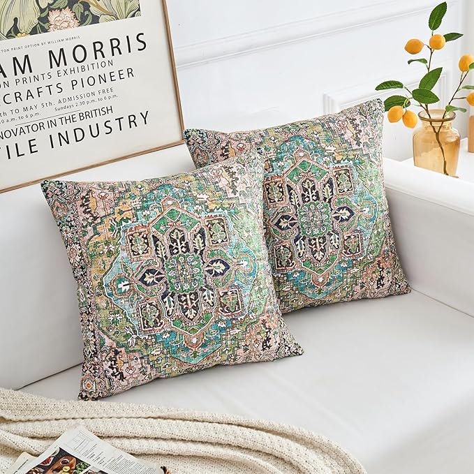 Boho Throw Pillow Covers 16x16 inch Set of 2,Boho Vintage Carpet Pattern Antique Ethnic Decor Double Sided Pattern Cushion Cover Soft Pillow Case Living Sofa Room Bed Square Pillow Cover