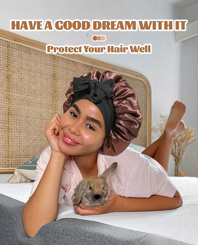 Satin Bonnet Silk Bonnet for Sleeping Silk Sleep Cap Double Layer Hair Bonnet with Elastic Tie Band for Curly Hair Night Cap (Black+Brown)