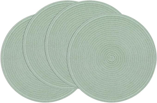 SHACOS Round Placemats Set of 4 Woven Braided Table Placemats 15 inch Cotton Polyester Place Mats Washable Table Mats Indoor Outdoor, Sage Green