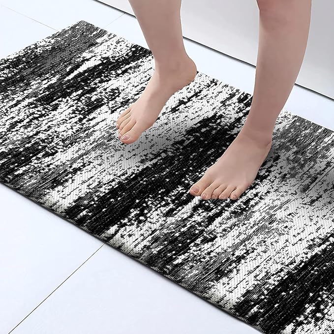 HDFK Graffiti Bath Mat | Non Slip Water Absorbent Quick Dry Woven Floor Mats | Thin Machine Washable Modern Shower Rug | Low Pile Profile Fit Under Door Vanity Room Bathroom Rugs | 24x17.7 Inch Black