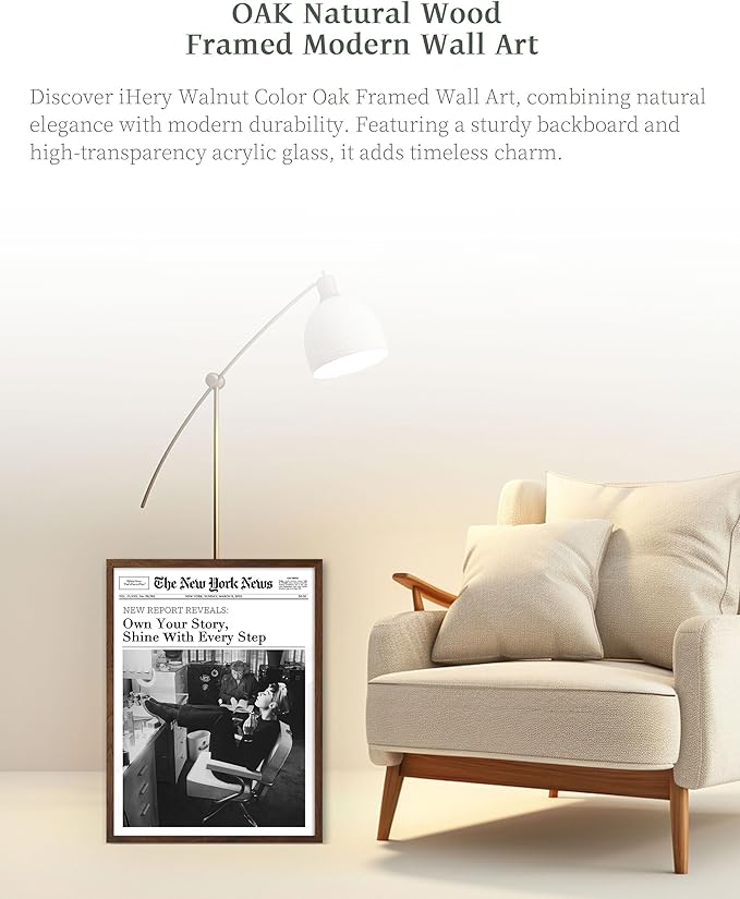 iHery Natural OAK Wood Audrey Hepburn Walnut Color Framed Wall Art, 12x16 in Own Your Story Shine With Every Step Canvas Wall Decor, Modern Trendy Newspaper For Bedroom Bathroom Living Room 1Pack