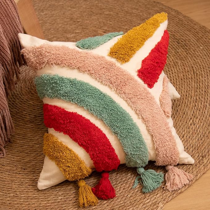 lifein 18x18 Pillow Covers-Throw Pillow Cover,Tufted Boho Jacquard Pillow Covers,Farmhouse Decorative Pillow Cover,Pillow Cases for Couch,Sofa,Bed,Chair,Living Room,Home Decor(18x18inch)