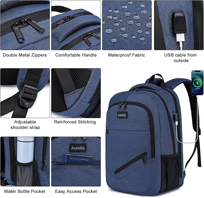 Asenlin Travel Laptop Backpack for Women & Men,Water Resistant Business Slim Sturdy Laptops Backpack with USB Charging Port,Fits 17.3 Inch Notebook College School Computer Bag-Blue