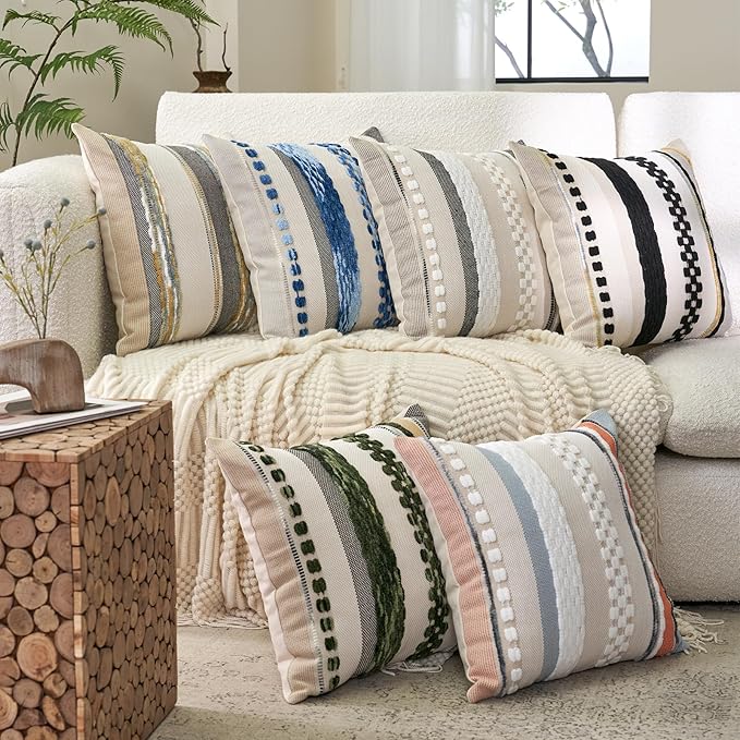 Aeckself Boho Throw Pillow Covers 18x18 Inch Set of 2, Farmhouse Decorative Striped Square Pillow Covers Chenille Tufted Pillow Cases Accent Neutral Pillowcase for Living Room Couch Bed, Black