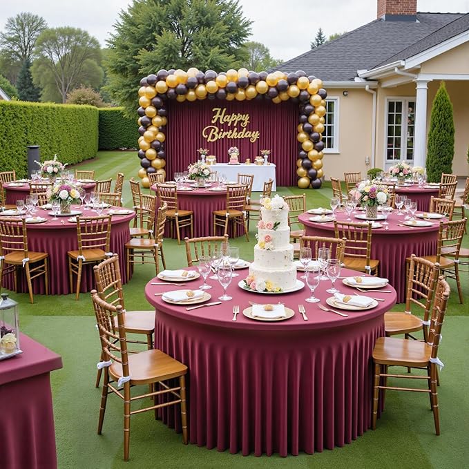 Outpain 6 Pack 72inch Burgundy Spandex Round Tablecloths, Stretchy 132inch Fitted 6FT Round Table Cloths, Wrinkle Free Table Cover with Skirt for Wedding Party Dining Banquet