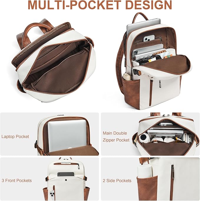 Leather Laptop Backpack for Women, 15.6 Inch Laptop Travel Backpack Purse Large Capacity Computer Bag, Casual Daypack Nurse Bag College Bookbag for School, Beige