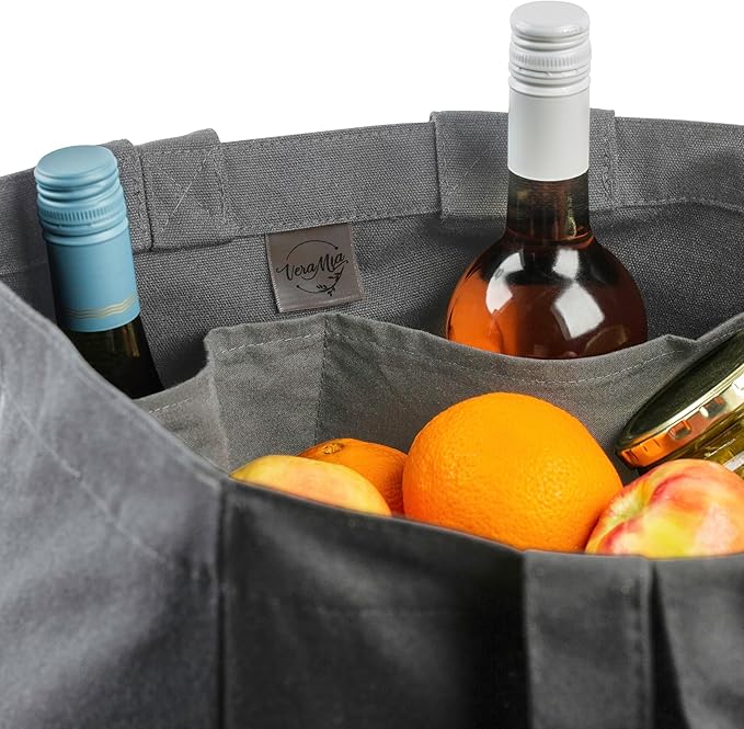 VeraMia Canvas Grocery Bag 3pc XL Set with Real Pockets, Long Shoulder Strap and Short Handle. Heavy Duty, Foldable, Washable