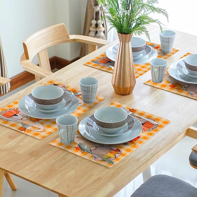Giwawa Fall Gnome Placemats Set of 4- Autumn Thanksgiving Pumpkins Maple Leaves Table Mats 12"x18"- Orange White Checkered Plaids Linen Heat Resistant Place Mat for Kitchen Dining Farmhouse Decor