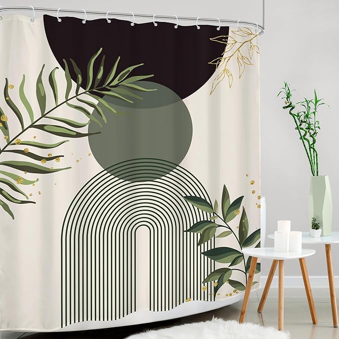 Dark Green Boho Shower Curtain 60Wx72H Black Green Modern Bohemian Mid Century Abstract Gold Leaves Plant Bathroom Decor Minimalist Geometric Neutral Bath Curtain Fabric Polyester 12 Pack Hooks