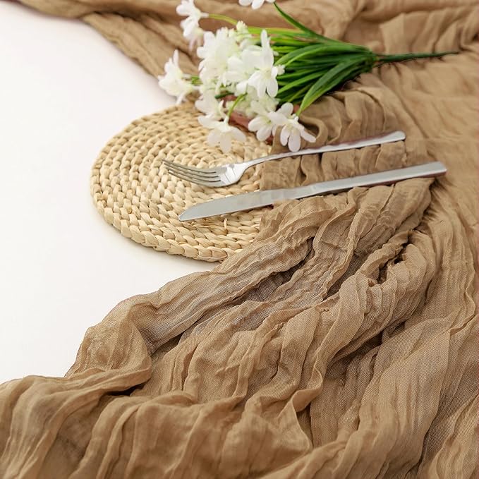 DOLOPL Brown Table Runner 10ft Boho Cheese Cloth Table Runner for Baby Shower Decorations 120inch Long for Winter Wedding Shower Wedding Bridal Birthday Party Table Decorations
