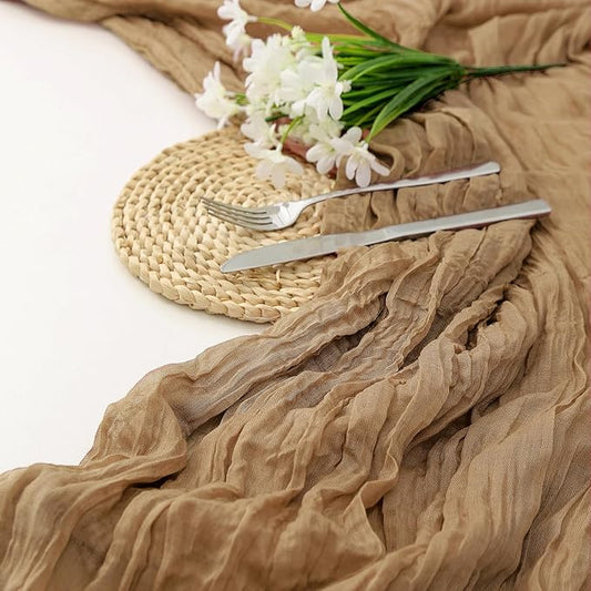 DOLOPL Brown Table Runner 10ft Boho Cheese Cloth Table Runner for Baby Shower Decorations 120inch Long for Winter Wedding Shower Wedding Bridal Birthday Party Table Decorations