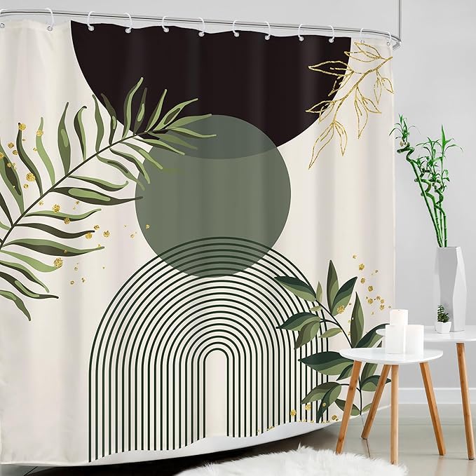 Dark Green Boho Shower Curtain 72Wx72H Black Bohemian Modern Abstract Plant Leaves Minimalist Geometric Bathroom Decor Mid Century Plant Neutral Bath Curtain Fabric Polyester 12 Pack Hooks