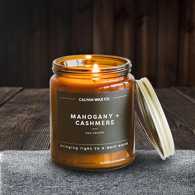 Calyan Wax Co. Soy Wax Candle, Mahagony + Cashmere Scented Candle, 57 Hour Burn Time, Aromatherapy Soy Candles, Non Toxic & Vegan Amber Glass Jar Scented Candles, 7.2oz