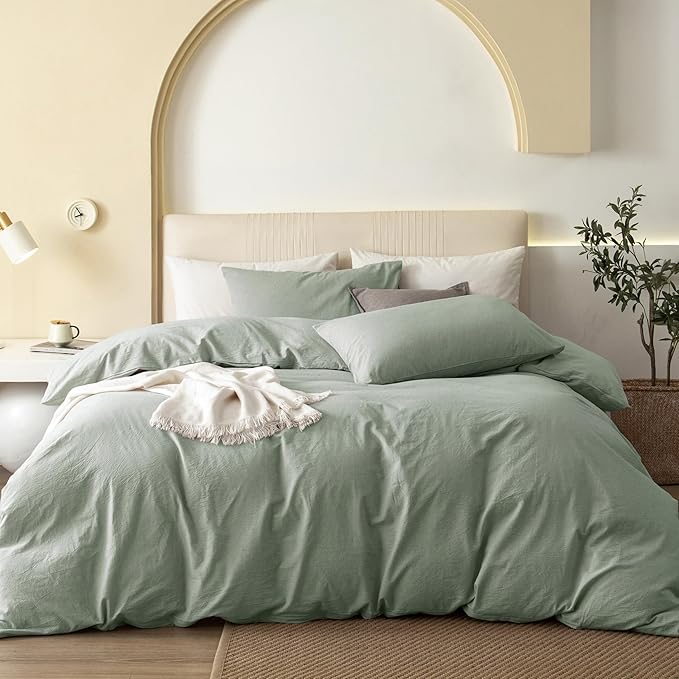 JIYUAN 100% Washed Cotton Duvet Cover Set 3 Pieces Cal King, 1 Duvet Cover 104x98 Inches(Comforter Not Included) and 2 Pillowcases,Linen Feel Bedding Set Comfy and Breathable, Heathered Sage Green