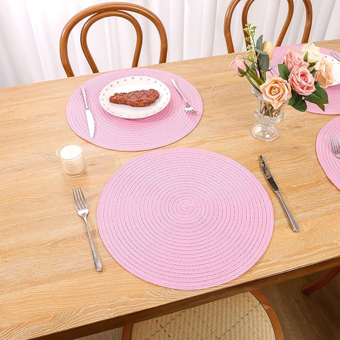 SHACOS Round Braided Placemats Set of 6 Round Table Mats for Dining Tables 15 inch Washable Non Slip Placemats (Pink, 6)