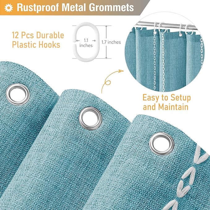 BTTN Boho Farmhouse Shower Curtain, Rustic Thick Striped Linen Fabric Shower Curtains Sets with Tassel, Water Resistant, Modern Aesthetic Vintage Shower Curtain with Hooks for Bathroom, 72x72, Teal