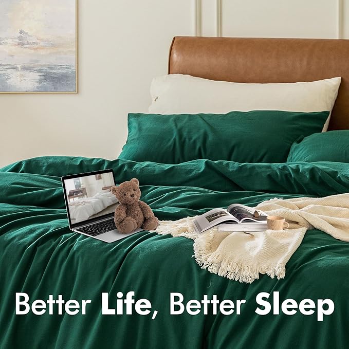 FOSSA Duvet Cover Set 100% Washed Cotton 3 Pieces Bedding Set Twill Soft Cozy Breathable Sturdy Substantial with Textured Weave Solid Green King