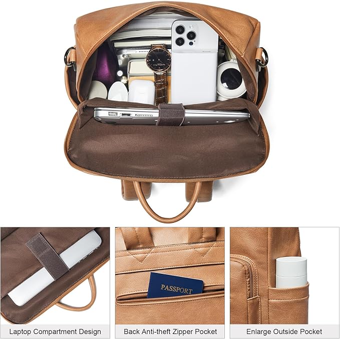 Shrrie 15.6 inch Laptop Backpack for Women,Large Leather Purse,Travel Backpacks Carry on,Water Resistant Casual Laptop Backpacks,College Backpack,Work Backpack for Women,Two-tone Camel Brown