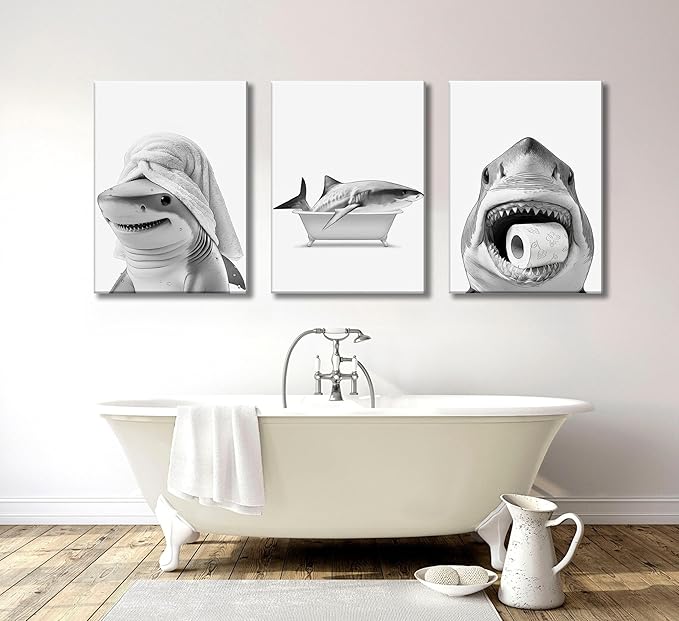 3pcs Black And White Shark Bathroom Canvas wall art Funny ocean Animal bathtub Paintings Pictures Wall Decor Modern Poster Printing Artwork for Restroom Toilet Home Decoration