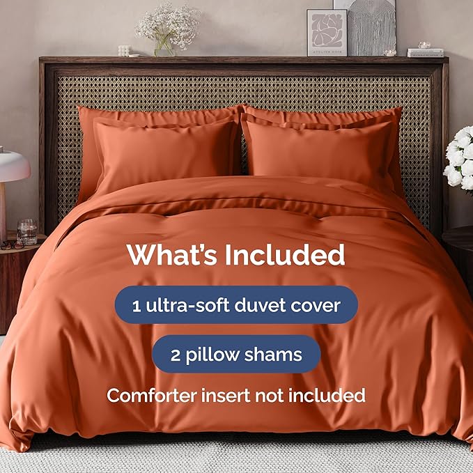 Duvet Cover King Size Set - Extra Soft King Size Duvet Cover 104 x 90 with 2 Pillow Shams - Hotel Luxury Easy Care and Fade Free w/Zipper Closures & Ties - Comfy Breathable Bedding Set (Terracotta)