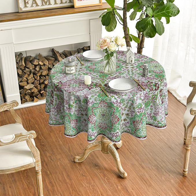 Horaldaily Boho Bohemia Style Tablecloth 70×70 Inch Round, Green Vintage Country Rustic Farmhouse Magical Fall Orange Washable Seasonal Table Cover for Party Picnic Dinner Decor