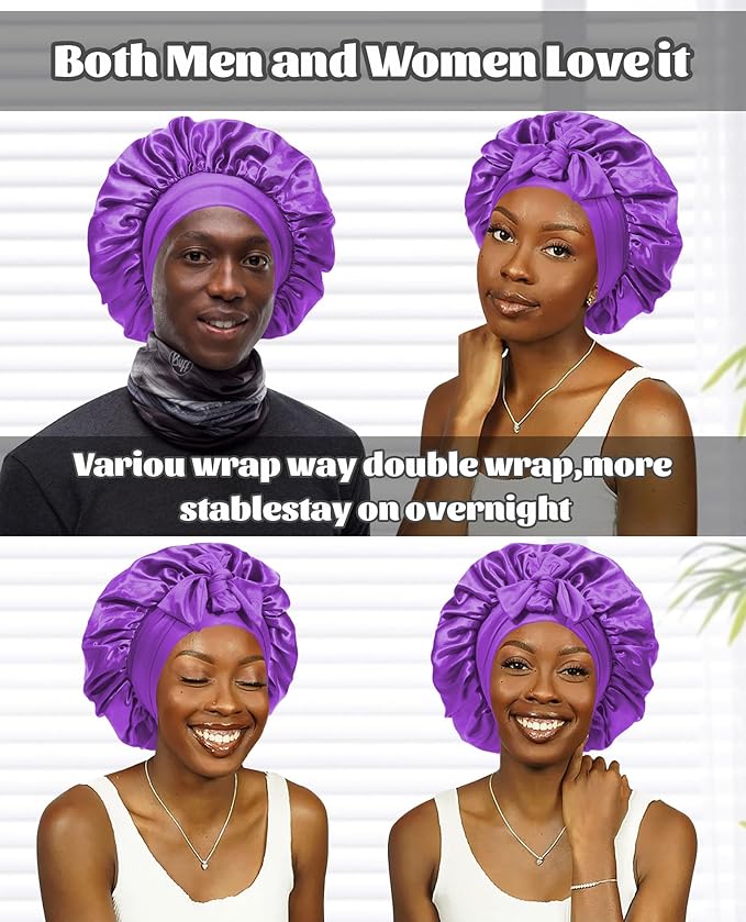 Satin Bonnet Silk Bonnet for Sleeping Silk Sleep Cap Double Layer Hair Bonnet with Elastic Tie Band for Curly Hair Night Cap (Dark Purple+Light Purple)