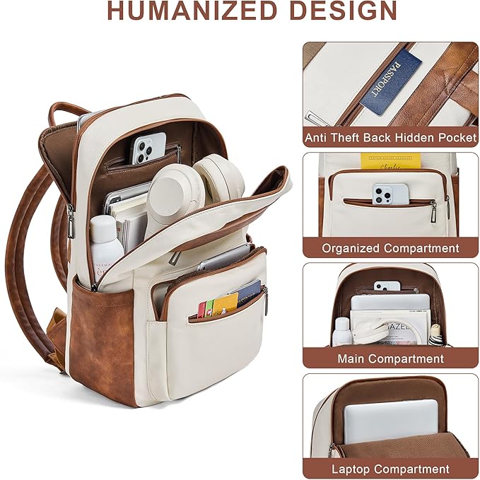 Leather Laptop Backpack for Women 15.6 Inch Laptop Travel Backpack Purse Casual Daypack with Laptop Compartment for College Work Nurse Business Weekender, Beige Brown