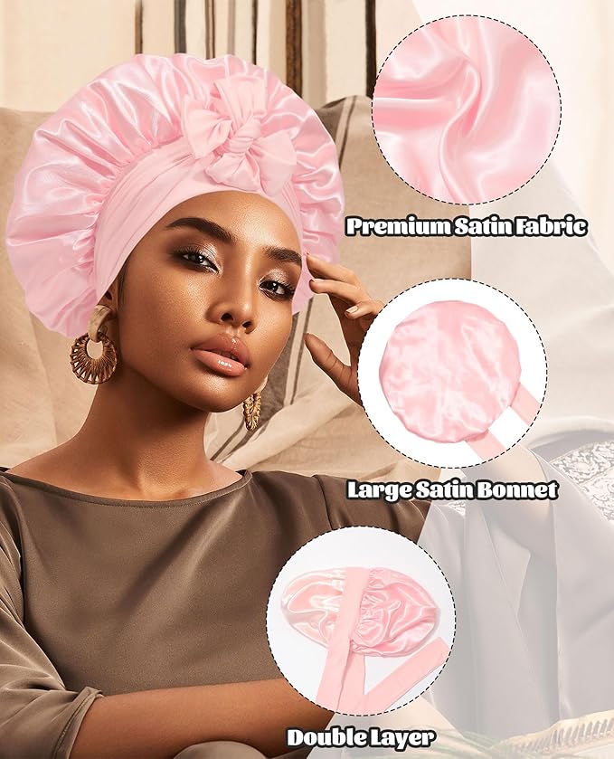 Satin Bonnet Silk Bonnet for Sleeping Silk Sleep Cap Double Layer Hair Bonnet with Elastic Tie Band for Curly Hair Night Cap (Apricot Powder+Champagne)