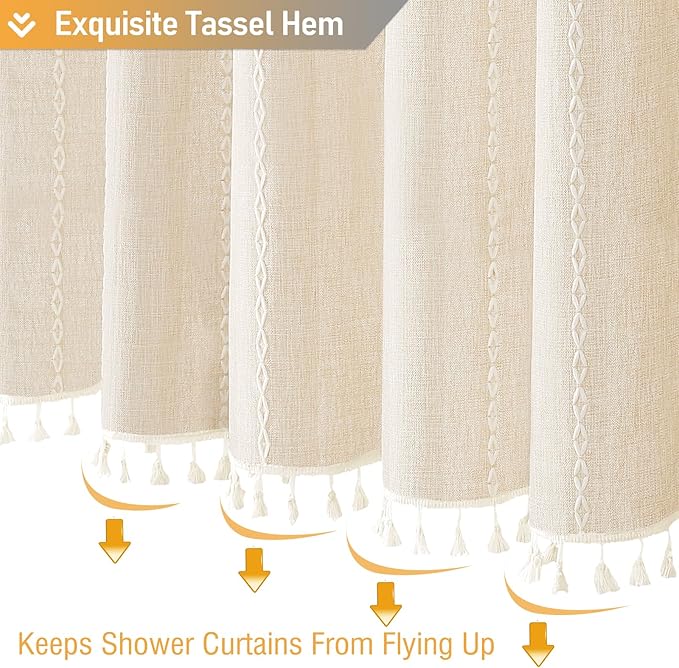 BTTN Boho Farmhouse Shower Curtain, Linen Rustic Weighted Striped Cloth Shower Curtain Set with Tassel, Water Repellent, Bohemian Vintage Country Fabric Shower Curtain for Bathroom, Cream/Beige, 72x72