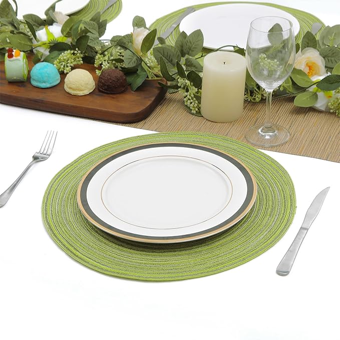 SHACOS Round Placemats Set of 8 Washable 15 inch Round Table Mats Braided Non Slip Fabric Place Mats for Dining Table Indoor (Pea Green, 8)