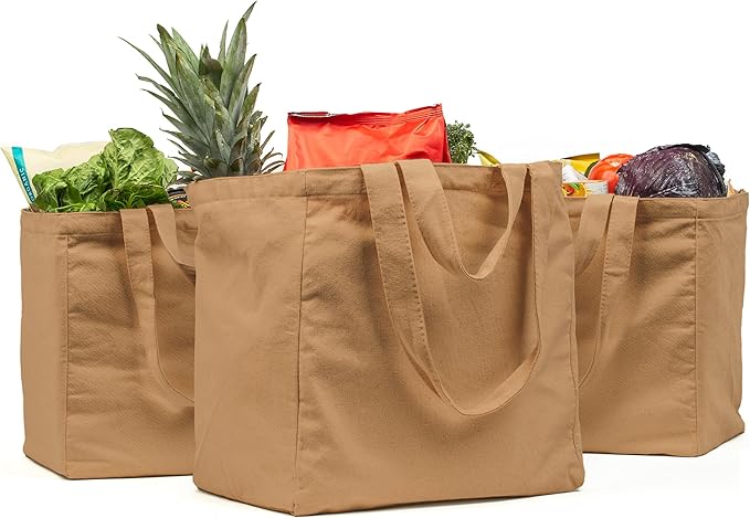 VeraMia Canvas Grocery Bag 3pc XL Set with Real Pockets, Long Shoulder Strap and Short Handle. Heavy Duty, Foldable, Washable
