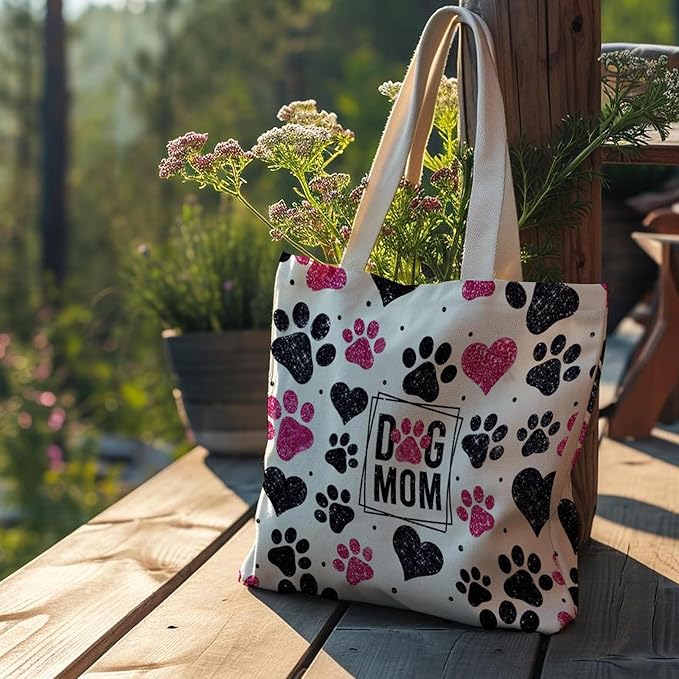 Dog Mom Canvas Tote Bags - Reusable Grocery Bags for Shopping, Funny Dog Lover Gifts for Women
