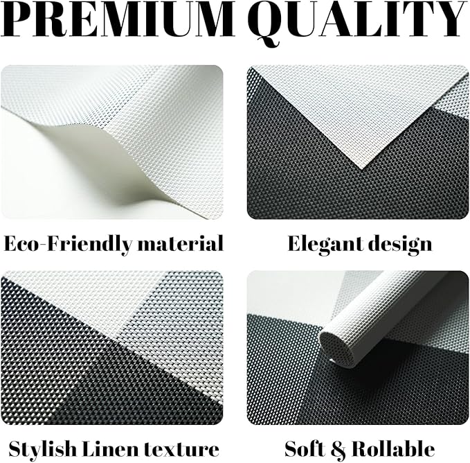 Placemats Set of 12 Vinyl/Plastic Woven Place Mats for Kitchen Table Indoor/Outdoor Washable Placemat Wipeable Dining Table Mats (Grey Grid,12)