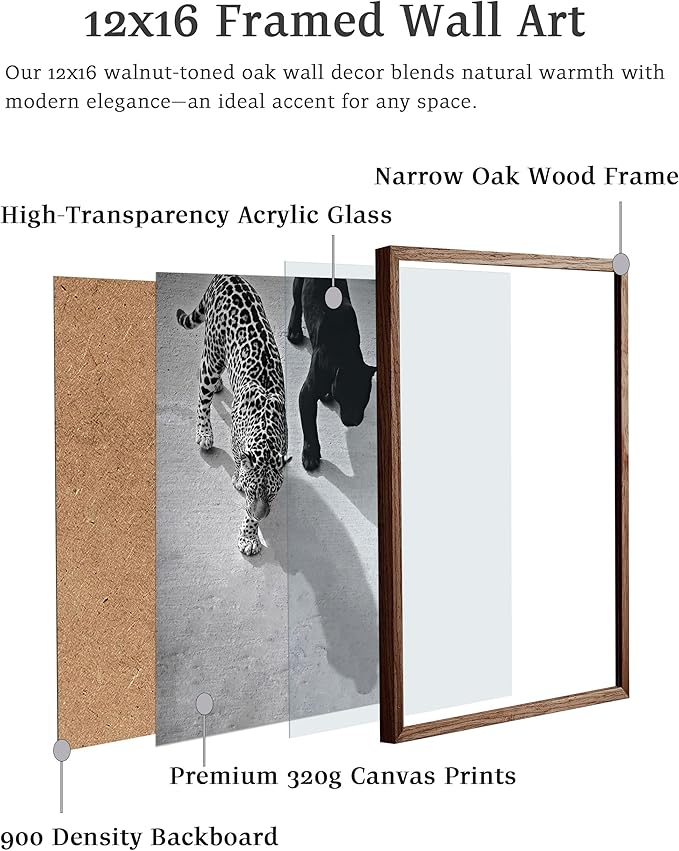 EcoHest Cheetah and Jaguar Walking Framed Wall Art, Walnut Color 12x16 in OAK Wood Vintage Black and White Funny Bathroom Canvas Art, Fashion 1950s Poster Decor, Set of 1 for Bedroom Living Room