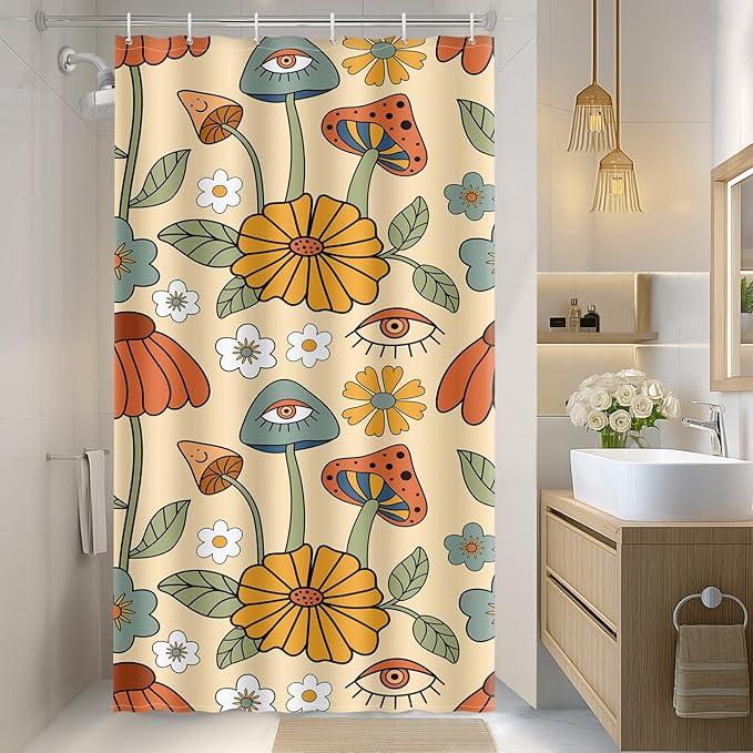 Aimego Stall Small Shower Curtain - Boho Mushroom Floral 70s Retro Bohemian Yellow Orange Flowers Eyes Narrow Half Fabric Cloth Bath Shower Curtain Set with 12 Hooks Bathroom Decor, 36"x72"