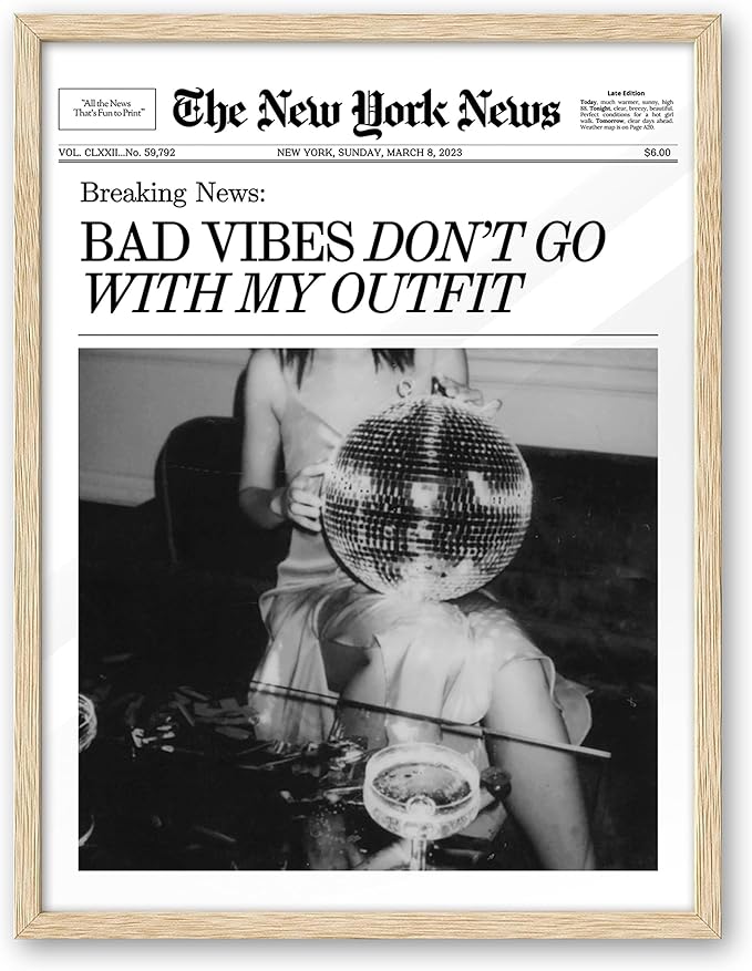 EcoHest Trendy Newspaper Magazine Framed Wall Art, 12x16 in OAK Wood Bad Vibes Don't Go With My Outfit Disco Bar Canvas Wall Art, Preppy Retro Home Decor For Bedroom Living Room 1Pack