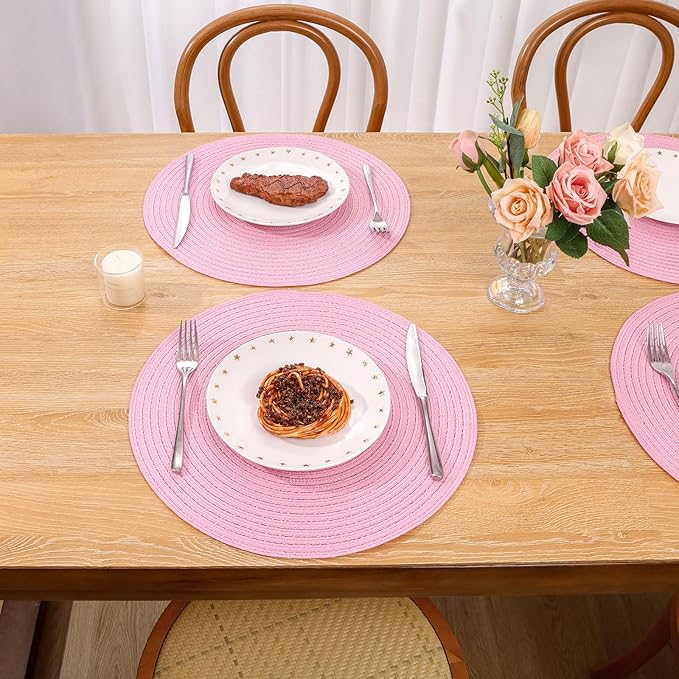 SHACOS Round Braided Placemats Set of 4 Washable 15 inch Round Table Mats for Dining Table Place Mats Home Wedding Party Decor (Pink, 4)