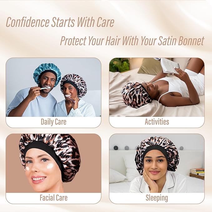 Satin Bonnet Adjustable Sleeping Silk Bonnet Black Women Men Double Layer Satin Silk Sleep Cap Hair Wrap Large Curly Hair