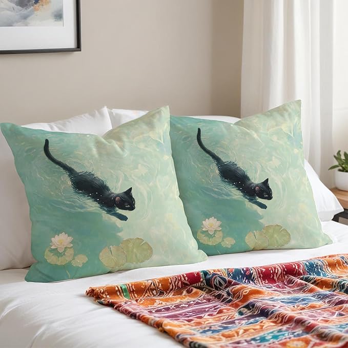 Black Cat Art Painting Throw Pillow Covers 18x18, Aesthetic Cats Decor Pillow Covers for Room Bedroom, Elegant Swimming, Black Cat Decor, Cats Lovers Lady Mom Grandma Gifts