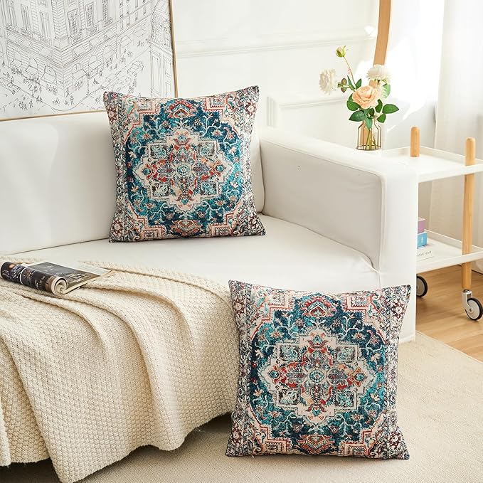 Boho Throw Pillow Covers 24x24 inch Set of 2,Boho Vintage Carpet Pattern Antique Ethnic Decor Double Sided Pattern Cushion Cover Soft Pillow Case Living Sofa Room Bed Square Pillow Cover