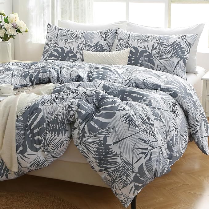 MUXHOMO Duvet Cover King Size, Reversible Floral Black & Grey Duvet Cover Set with Zipper Closure, 3 Pieces Botanical Patterns Soft Microfiber Bedding Set (90"x104", 2 Pillow Cases 20"×36") US