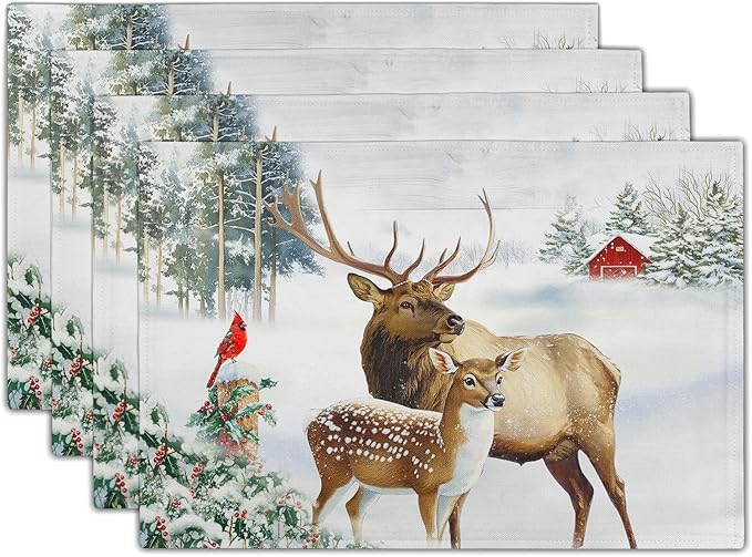 Giwawa Winter Deer Placemats Set of 4 12x18 Inch Christmas Reindeers Elk Moose Place Mat Xmas Trees Snow Wildlife Table Mats Washable Stain Resistance for Kitchen Dining Seasonal Party Decor