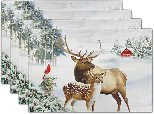 Giwawa Winter Deer Placemats Set of 4 12x18 Inch Christmas Reindeers Elk Moose Place Mat Xmas Trees Snow Wildlife Table Mats Washable Stain Resistance for Kitchen Dining Seasonal Party Decor