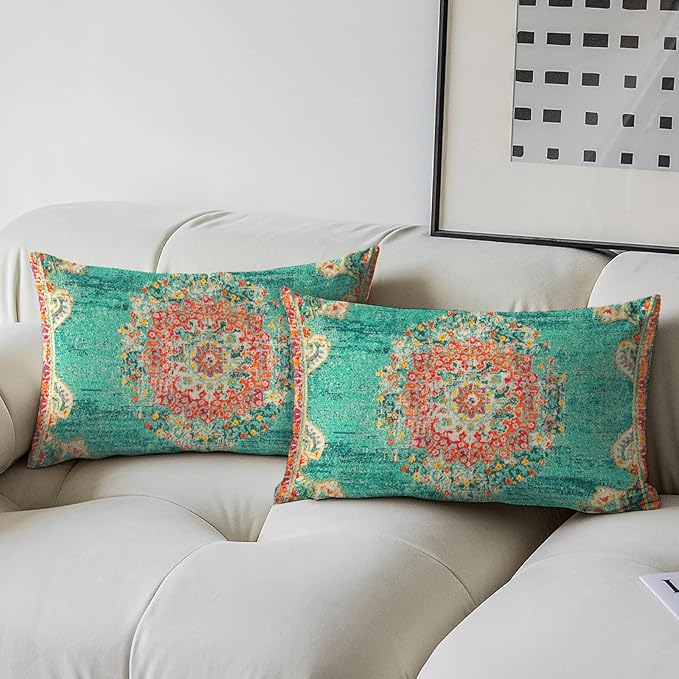 Boho Throw Pillow Covers 12x20 inch Set of 2,Boho Vintage Carpet Pattern Antique Ethnic Decor Double Sided Pattern Cushion Cover Soft Pillow Case Living Sofa Room Bed Square Pillow Cover