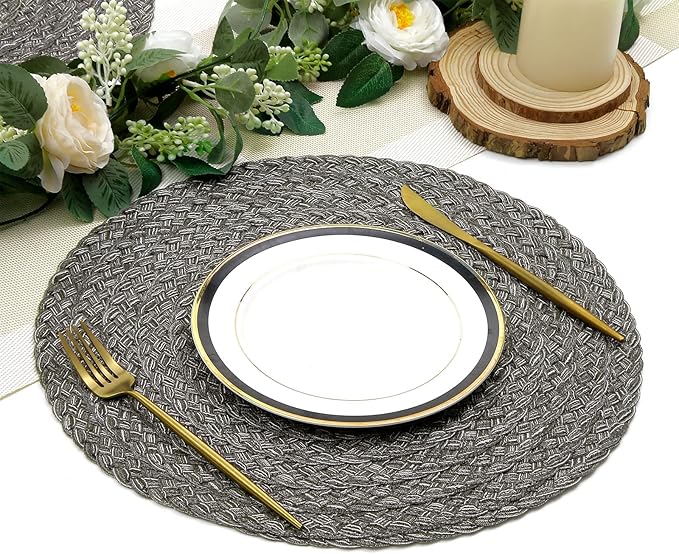 SHACOS Round Braided Placemats Set of 6 Thick Woven Placemats Washable 15 inch Circle Place Mats Non Slip Table Mats for Dining Table, Gray White