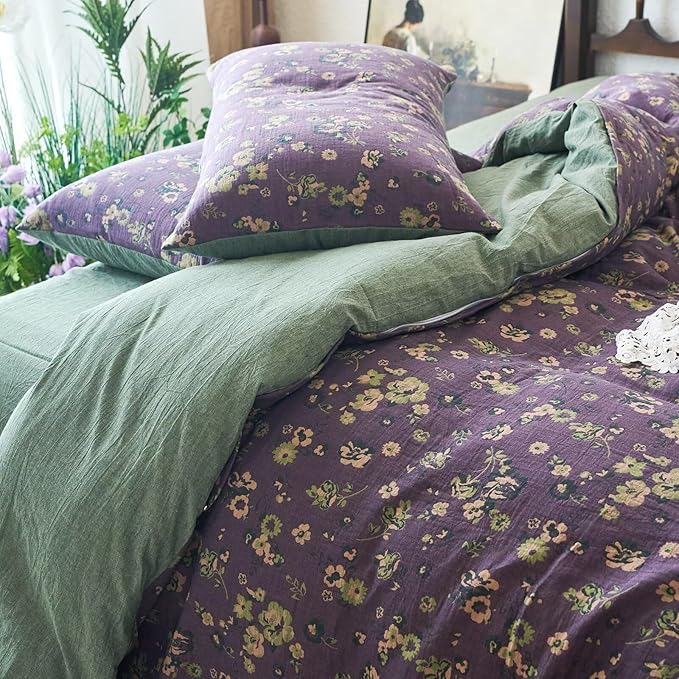 mixinni Vintage Floral Duvet Cover King Set - Purple & Green Reversible Jacquard, 100% Yarn-Dyed Double-Layer Cotton, Breathable Luxury Bedding (3-Piece, Includes 2 Pillowcases) Farmhouse & Bohemian