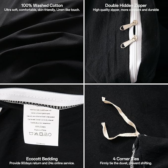 ECOCOTT 3 Pieces Duvet Cover Queen Size 100% Washed Cotton 1 Duvet Cover with Zipper and 2 Pillowcases, Ultra Soft and Easy Care Breathable Cozy Simple Style Bedding Set (Black,Queen)