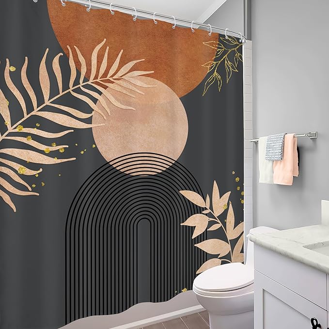 Dark Grey Brown Boho Modern Shower Curtain Mid Century Abstract Minimalist Burnt Orange Gold Leaf Arch Geometric Plant Neutral Bathroom Decor 60Wx72H Bath Curtain Fabric Polyester 12 Pack Hook