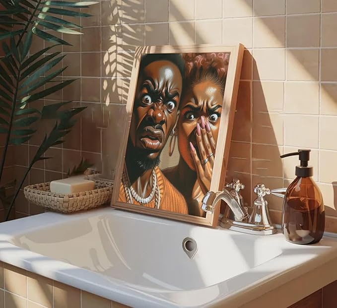 Funny African American Bathroom Canvas Wall Art Humor Afrocentric Black Couple Unpleasant Smell Cover Nose Painting Picture Wall Decor Print Artwork for Washroom Toilet Home Decoration Unframed